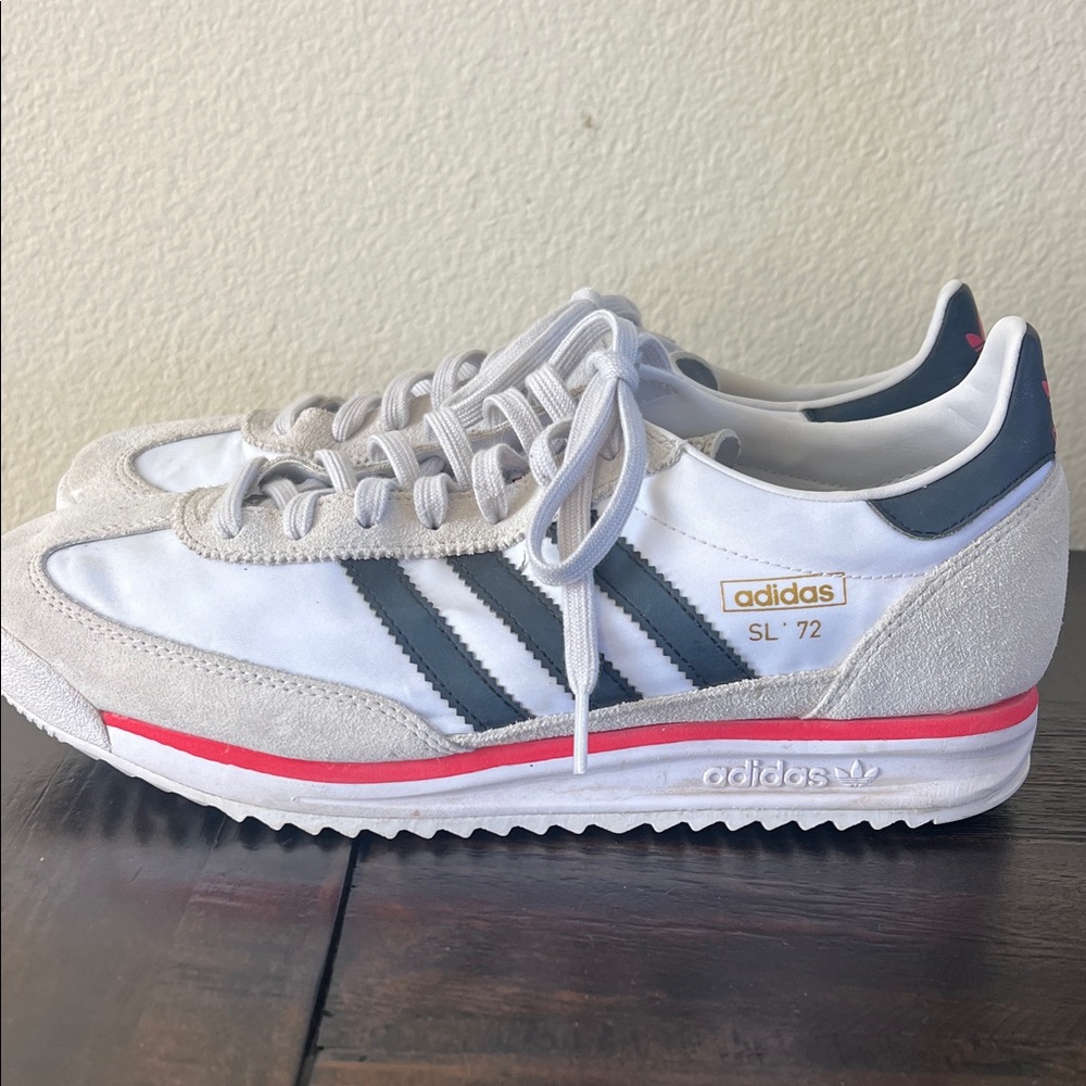 Adidas SL 72 RS white, core black, and grey with red accents. Size 10.5